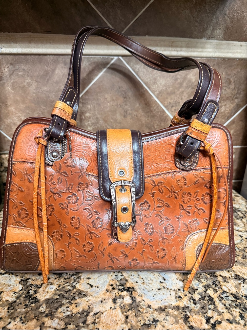 MC Marc Chantal Women's Shoulder Bag Embossed Floral Western Buckle Brown EUC